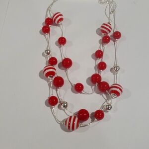 Elegant Layered Silver tone Red & White Beads Necklace - Women's Fashion Jewelry